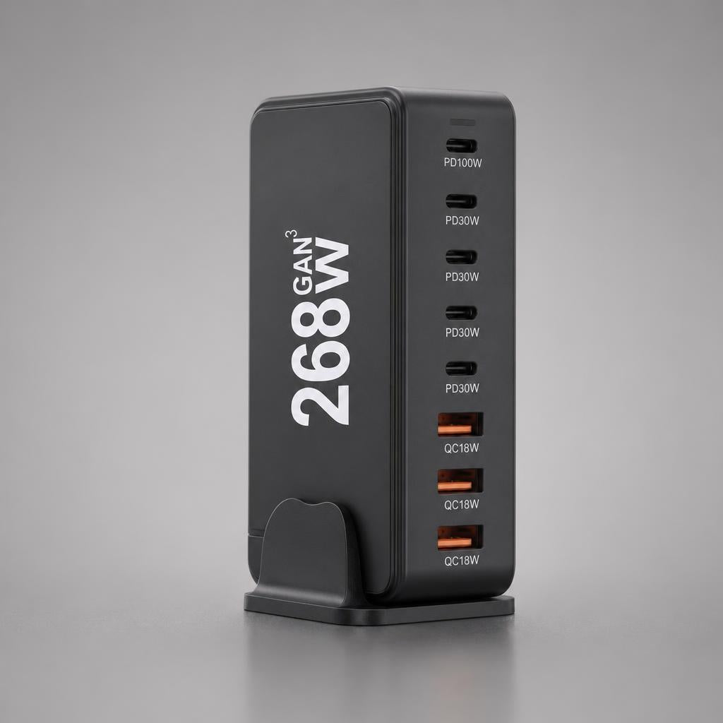 NanoTech Ti · Cargador de escritorio GaN 268W de 8 puertos USB-C y USB-A